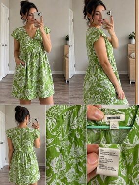 Goodthreads Lime Green Floral V-Neck Mini Dress